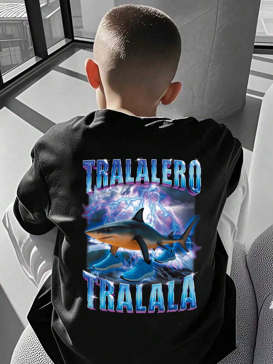 Boys' Casual Funny Print Round Neck Short Sleeve T-Shirt, Summer - Black - View 1