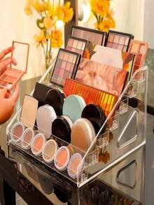1 pieza Estantería de almacenamiento transparente con estilo de escalera para joyas y cosméticos, soporte de almacenamiento transparente de acrílico multifuncional, adecuado para exhibir perfumes, lápices labiales, esmaltes de uñas, paletas de sombras de ojos, soporte de exhibición multifuncional, accesorios de baño - Blanco transparente - Ver 5
