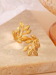 1pc Stainless Steel Minimalist 18K Gold Plated Leaf Open Ring, Suitable For Women's Daily Wear - Multicolor - View 3