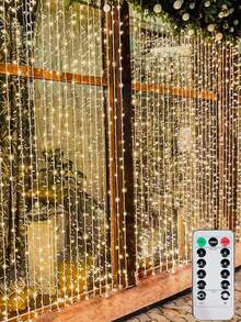 1 pieza Luces de cortina de ventana, Luces de hadas de 300 LED con control remoto, 8 modos alimentados por USB, cortina de ventana, decoración de fiesta, Navidad y Halloween (300 LED-Blanco cálido)