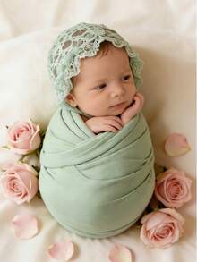 INS风新生儿摄影套装 - 多色包巾+蕾丝帽，宝宝百日照和满月照必备，新生儿包巾蕾丝帽摄影套装，粉色/白色/绿色可选，专业影棚道具，适用于新生儿、百日照、满月照和主题拍摄 - 彩色 - 查看 8