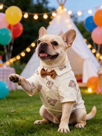 1 件可爱熊图案领结宠物衬衫，适合小型犬猫，适合春秋季