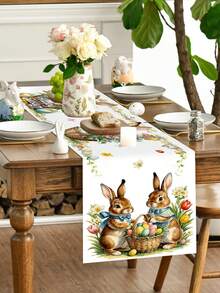 1 pieza Lindo Conejito Camino de Mesa de Pascua, con Diseño de Canasta de Pascua con Conejito, 35*180cm Estilo Granja de Poliéster Camino de Mesa de Pascua, Decoración del Hogar de Pascua 2026, Decoración de Mesa de Cocina y Comedor, Decoración Festiva de Primavera - Multicolor - Ver 8