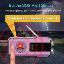 Emergency NOAA Weather Radio,Portable Hand Crank Radio, Solar Powered With Battery Backup,AM/FM/NOAA, SOS Alarm,2000mAh Rechargeable Battery Power Bank,3 LED Flashlight,Type-C Charging,For Indoor Outdoor Hiking Camping Emergency - Pink - View 4