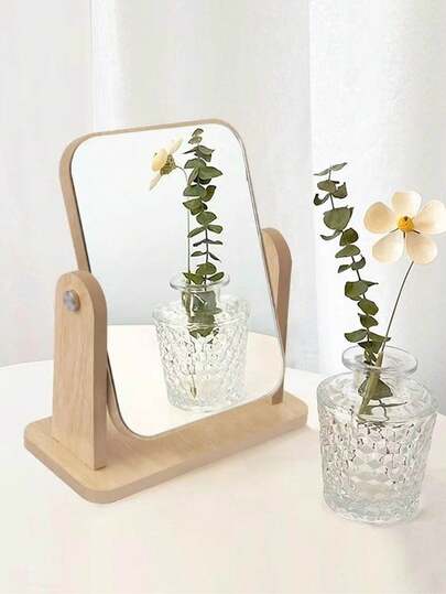 1pc Minimalist Wooden Vanity Mirror, Retro Makeup Desk Top Wooden Dressing Mirror, Large Size For Home & Student Use, High Definition