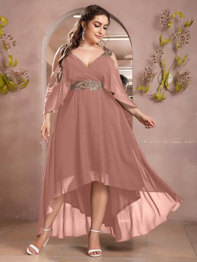 UNITHORSE V-Neck Embroidered Waist Flare Chiffon Dress