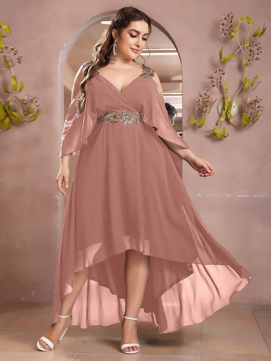 UNITHORSE V-Neck Embroidered Waist Flare Chiffon Dress - Dusty Pink - View 1