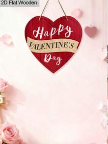 1pc Heart-Shaped Valentine'S Day Wooden Pendant, 2D Flat "Happy Valentine'S Day" Design Hanging Decoration, Valentine'S Day Romantic Gift, Suitable For Home, Party, Wall, Door, Cafe Decoration - Multicolor - View 3