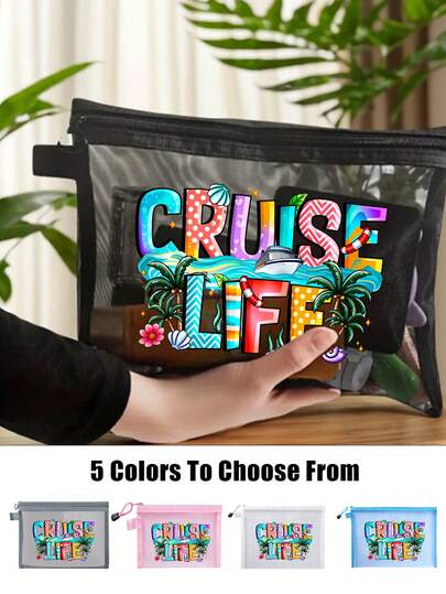 Bolsa de malla para maquillaje, bolsa de almacenamiento portátil, bolsa de maquillaje, bolsa de cuidado de la piel, artículos de viaje esenciales, suministros para dormitorios, regalos de boda para la novia, regalos del Día de la Madre, regalos de cumpleaños, regalos para amigos y maestros, bolsa de almacenamiento de medicamentos, bolsa de almacenamiento de baño, bolsa de almacenamiento de joyas, bolsa de almacenamiento de aceite labial y cosméticos con la impresión de las palabras "Vida de crucero", bolsa de artículos de tocador para dormitorios de estudiantes, regalos para esposas, familia, amigos, colegas, regalos de Año Nuevo y Navidad