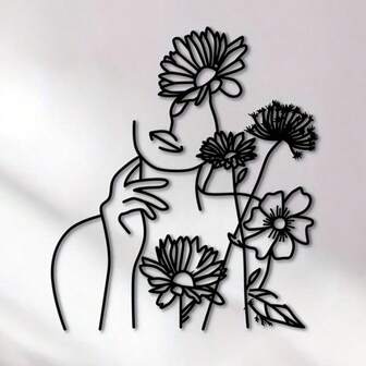 1 pieza Decoración de pared moderna con diseño de flor y mujer, arte de pared de hierro metálico, adecuado para decoración del hogar, dormitorio, sala de estar, cocina, hotel, cafetería, decoración de fiesta de San Valentín, Año Nuevo, Acción de Gracias, al aire libre, cerca del jardín
