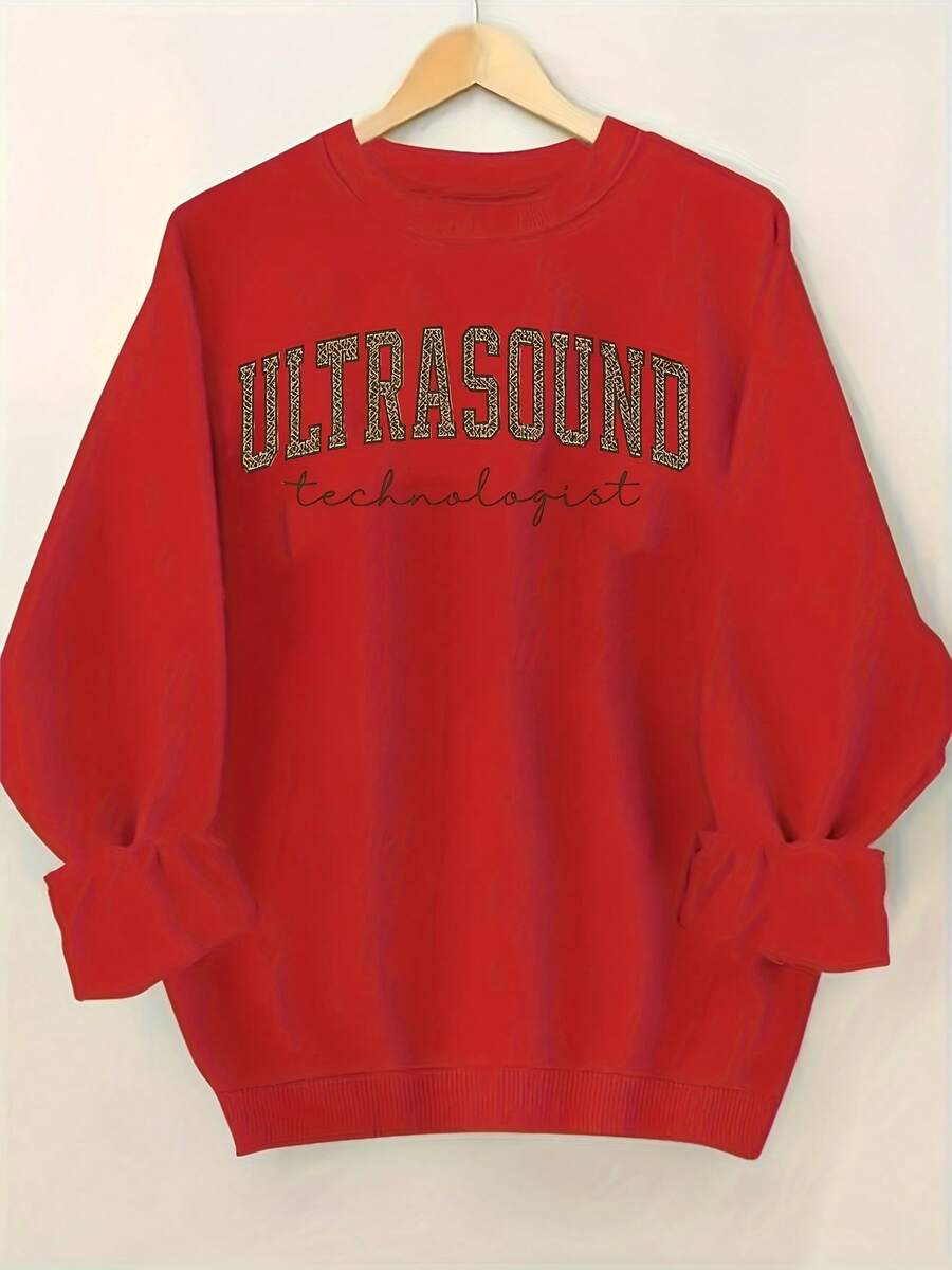 Women'S Ultrasound Technologist Text Hoodie - Soft Round-Neck Pullover Sweatshirt With Slogan Print, All-Season Comfort, Casual Workwear For Sonography Professionals, Long Sleeve Round-Neck Design, Ideal Gift For Ultrasound Techs, Hospital Attiregifts For Mom-Free Shipping - 紅色 - 查看 1