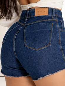 Short Jeans Feminino Cintura Alta – Barra Desfiada, 100% Algodão, Modela e Levanta o Bumbum - AZUL ESCURO - Visão 7