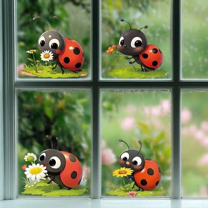 4 buc Autocolante pentru Fereastră cu Buburuze și Flori - Autocolante Drăguțe cu Insecte și Flori | Decorațiune Detașabilă pentru Grădină, Pentru Casă, Bucătărie, Sufragerie | Culori Vibrante, Fără Reziduuri, Decor de Primăvară pentru Casă