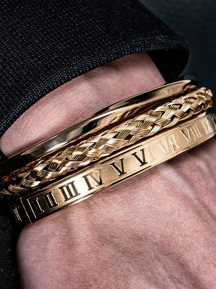 3pcs/Set Vintage Open Twist Mobius Bangle, Stainless Steel Roman Numeral Braided Bracelet Set, Men's Fashion Accessories - Multicolor - View 1