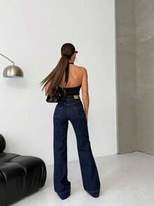 SQUALO Women's Wide Leg Color With Pocket Details Destroyed Retro Washed Street Style Jeans Ripped And Cutout Wide Leg Jeans - Màu xanh hải quân - Xem 3