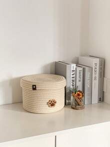 1pc Handmade Woven Apricot Pet Storage Basket, Suitable For Four Seasons Pet Toy & Ornament Storage, Dual-Use Set - Beige - View 3