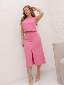 Women's Cropped Top And Tailored Skirt Set - Baby Pink - View 3
