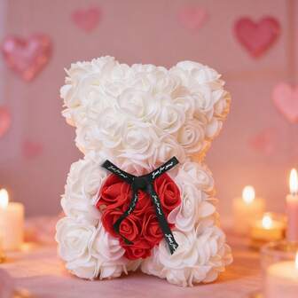 1 pièce Ours en peluche avec rose préservée réaliste, cadeau romantique pour les couples, mariage, décoration de la maison pour améliorer le bonheur