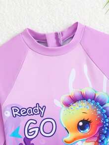 女童卡通海马印花长袖拉链防晒衣配网纱裙套装，女童连体泳衣，沙滩派对，度假泳装 - 淡紫色 - 查看 4