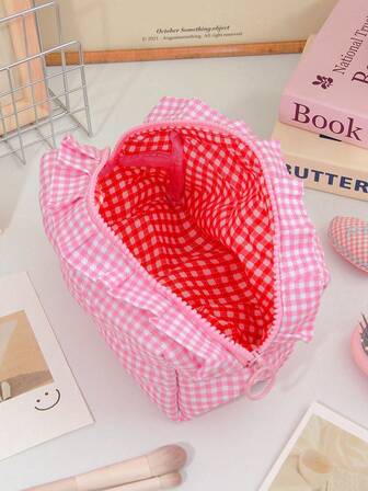 1Pc Pink Two Tone Checkered Pattern Quilted Makeup Bag With Pleated Lace And Zipper, Zipper Style Large Opening Portable Travel Bag, Cute And Sweet Makeup Bag And Travel Storage Bag Can Be Used For Cosmetics, Brushing, Lipstick, Coin, Jewelry, Sanitary Napkin And Other Small Item Suitable For Women, Girls, Teenagers, Nurses, Students, Elementary School Students, Back To School Season, Gifts, Etc