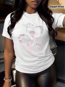 New Version Regular Short Sleeve Heart Print T-Shirt For Women - 白色 - 查看 1