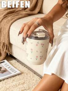 1个280毫升-380毫升双层不锈钢真空保温杯，保温杯，水瓶，咖啡杯，可重复使用，适用于健身房、办公室、家庭、户外、旅行，也是节日礼物、毕业典礼、返校季、母亲节的理想之选，粉色郁金香图案 - 彩色 - 查看 3