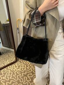 2025新款女士毛绒手提包，时尚蓬松单肩包，斜挎毛绒包 - 黑色 - 查看 2