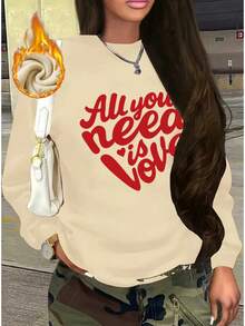 2026 New Year Cotton Sweatshirt For Women Pink 'All You Need Is Love' Red Cursive Letter Hoodie - Thick Pullover Sweater With Heart Decoration, Pink And Red Valentine's Day Sweater, Casual Winter Wear, Machine Washable Crew Neck Sweater (Do Not Tumble Dry) - Mature Style Loose And Comfortable Winter Clothes For Women - 杏色 - 查看 12
