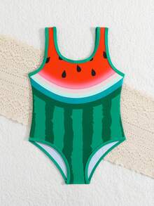 Young Girl Watermelon Print Tankini Swimsuit - Green - View 4