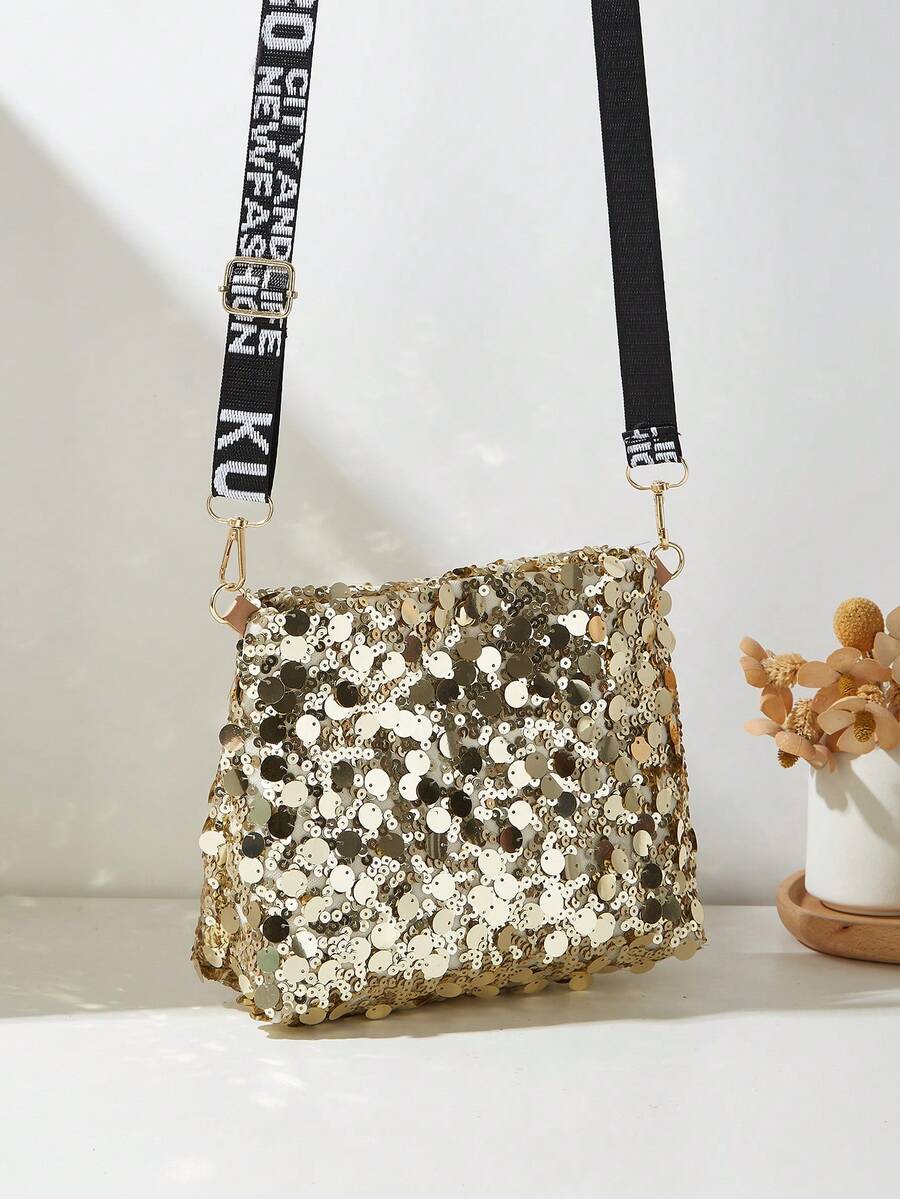 Bolso de hombro de mujer con lentejuelas, bolso de cubo pequeño de mujer tipo bandolera - Dorado - Ver 1