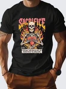 Camiseta gráfica de esqueleto gótico para hombres SACRIFICE sosteniendo corazón y llamas - Camiseta blanca de cuello redondo de streetwear con texto rojo/amarillo audaz, ajuste muscular, camiseta casual para conciertos, fiestas y atuendo casual - Top de declaración para todas las estaciones - Negro - Ver 1