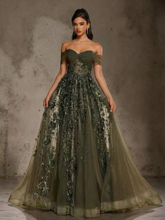 Elegant Dark Green Off-Shoulder Long Tulle Evening Gown With 3D Floral Appliques, Women Formal & Evening Dresses, Prom Dresses For Women, Formal Evening Gown Party Dress Wedding Guest Dress