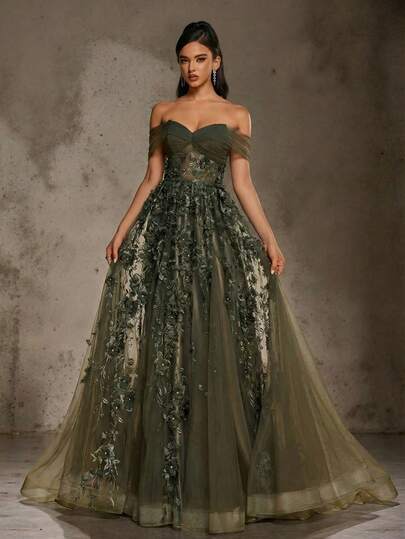 Elegant Dark Green Off-Shoulder Long Tulle Evening Gown With 3D Floral Appliques, Women Formal & Evening Dresses, Prom Dresses For Women, Formal Evening Gown Party Dress Wedding Guest Dress