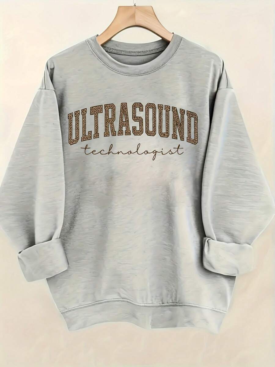 Women'S Ultrasound Technologist Text Hoodie - Soft Round-Neck Pullover Sweatshirt With Slogan Print, All-Season Comfort, Casual Workwear For Sonography Professionals, Long Sleeve Round-Neck Design, Ideal Gift For Ultrasound Techs, Hospital Attiregifts For Mom-Free Shipping - 淺灰色 - 查看 1
