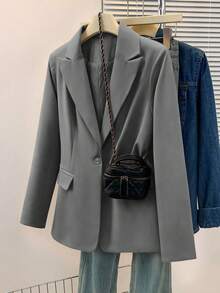 Áo blazer nữ màu trơn cổ bẻ, thiết kế túi trước cài cúc, tay dài, phù hợp mặc công sở và thường ngày, thích hợp cho mùa thu, đông và xuân. - Xám - Xem 3