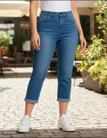 Capri mezclilla dobladillo visible roll up jeans cortos sueltos elásticos stretch - Azul - Ver 3