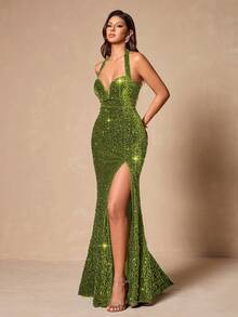 优雅女士绿色亮片V领露背连衣裙，高开衩设计，夏季派对鸡尾酒礼服 - 綠色 - 查看 6