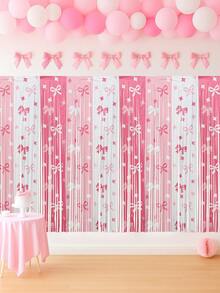 1/2/4pcs Pink & White Metallic Ribbon Curtain, Pink Bow Decor For Birthday Party Background, Wedding Decoration, Princess Party, Baby Shower, Photography Backdrop, Birthday Party Supplies, Stage Backdrop, Party Decorations - Bow Theme - View 5