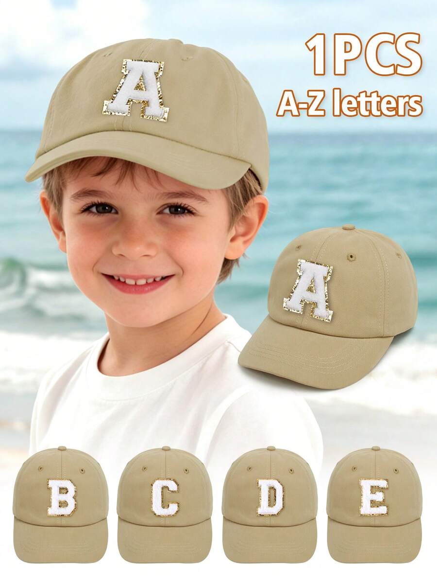 1Pc Toddler Kids Baseball Cap 1-5Y - Khaki Solid Adjustable Hat With A-Z Sequin Embroidered Letter Patches, Classic Brim Sun Protection Cap For All Seasons Daily Outdoor - Khaki - View 1