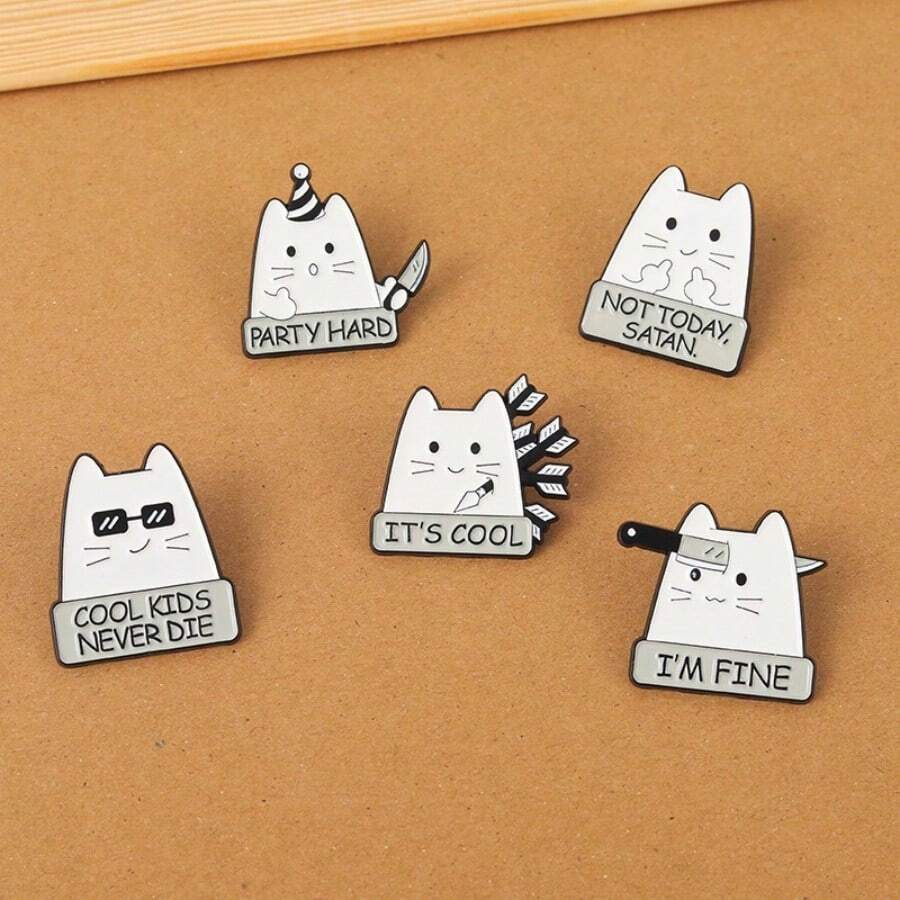 1pc Cute White Cat Holding Knife Brooch, Fashion Accessory - Black and White - View 1