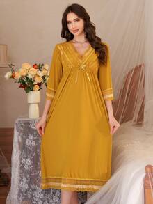 女士束腰睡裙，时尚七分袖睡衣连衣裙，性感睡裙 - 薑色 - 查看 1