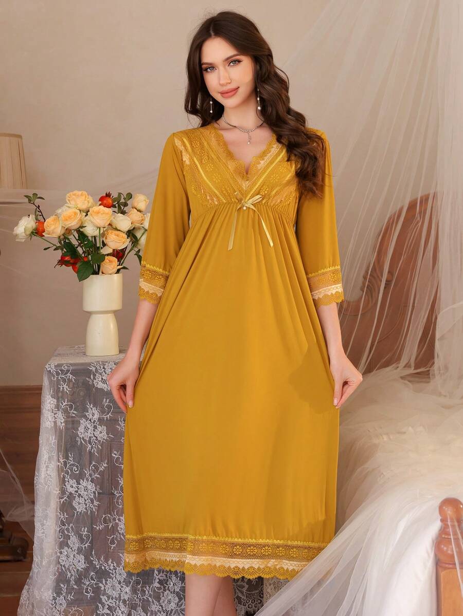 女士束腰睡裙，时尚七分袖睡衣连衣裙，性感睡裙 - 薑色 - 查看 1