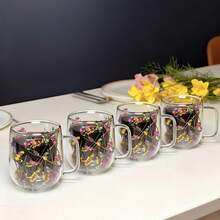 1/2/4pcs Double-Layer Glass Coffee Mugs With Handles, Floral Infuser Glass Cups, Reusable, Insulated, For Coffee, Milk Tea, Cold/Hot Drinks, Cappuccino, Tea Bags. Unique Birthday, Christmas Gifts.