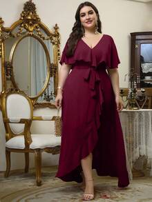 UNITHORSE Plus Size V-Neck Ruffle Trim Chiffon Bridesmaid Dress - Burgundy - View 4