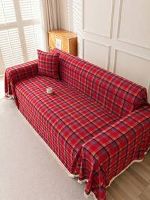 1件复古美式格子多功能防滑沙发套毯，带流苏