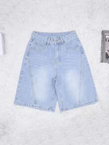 Women Summer Denim Jorts Vintage Cat Whisker Washed Loose Straight Slant Pockets Daily Wear Bermuda Knee-Length Shorts