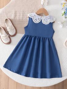 少女镂空蕾丝彼得潘领腰部蝴蝶结可爱连衣裙，适合外出、聚会和休闲穿着 - 中等水洗藍 - 查看 2