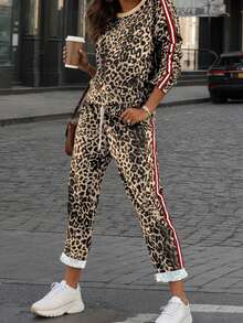 2 piezas Conjunto casual de top de manga larga y pantalones con estampado de leopardo y parches, para primavera/otoño - Marrón - Ver 2