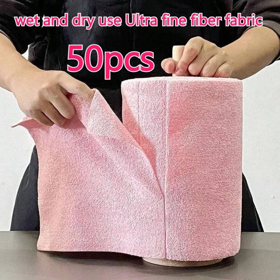 XFH 1 Roll 50 Pieces/ Reusable Microfiber Cleaning Cloth, Super Absorbent Durable Dishcloth, Replace The Washing Towel, High-Efficiency Cleaning Multipurpose Towels, Hand Tear Dish Towel, Wet And Dry Use Cleaning Cloth, Suitable For Car, Kitchen Tableware, Furniture, Rooms, Bathrooms, Perfect Choice For Holiday Gifts - 粉色 - 查看 1