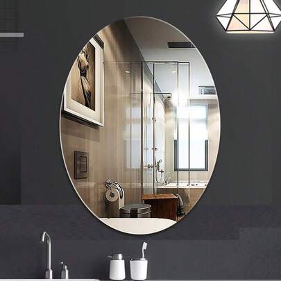 OUTANA 1片现代无框椭圆形亚克力浴室镜墙贴，壁挂式自粘高清镜面，防水防潮，带可移除保护膜，塑料表面，多用途无需电源，适用于浴室、客厅、卧室、厨房、办公室和其他优雅空间。